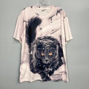 𝅺bian Yi Long Snow Cat All Over Print Crew Neck Tee Shirt Size 3XL Runs Small